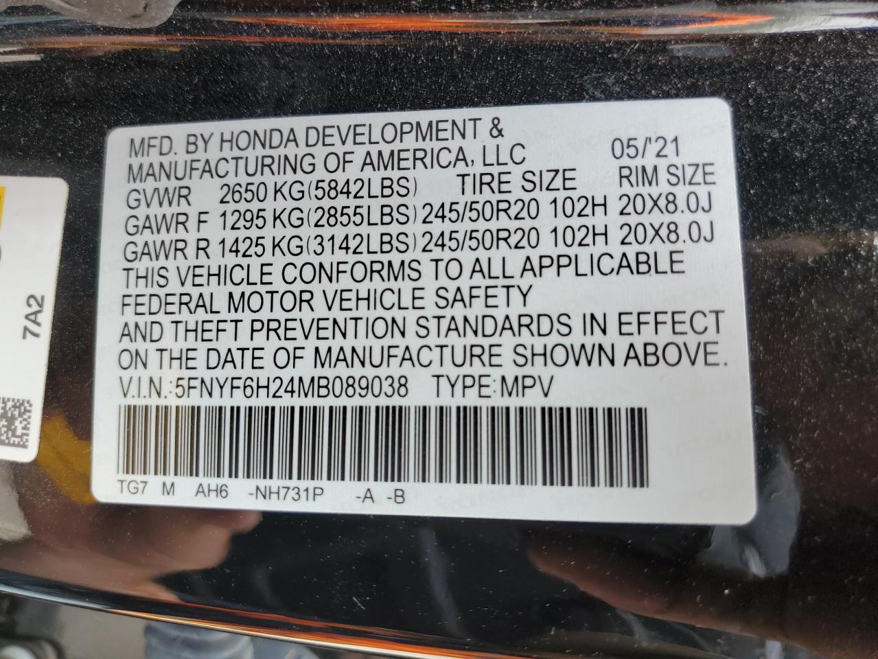 5FNYF6H24MB089038 2021 Honda Pilot Se