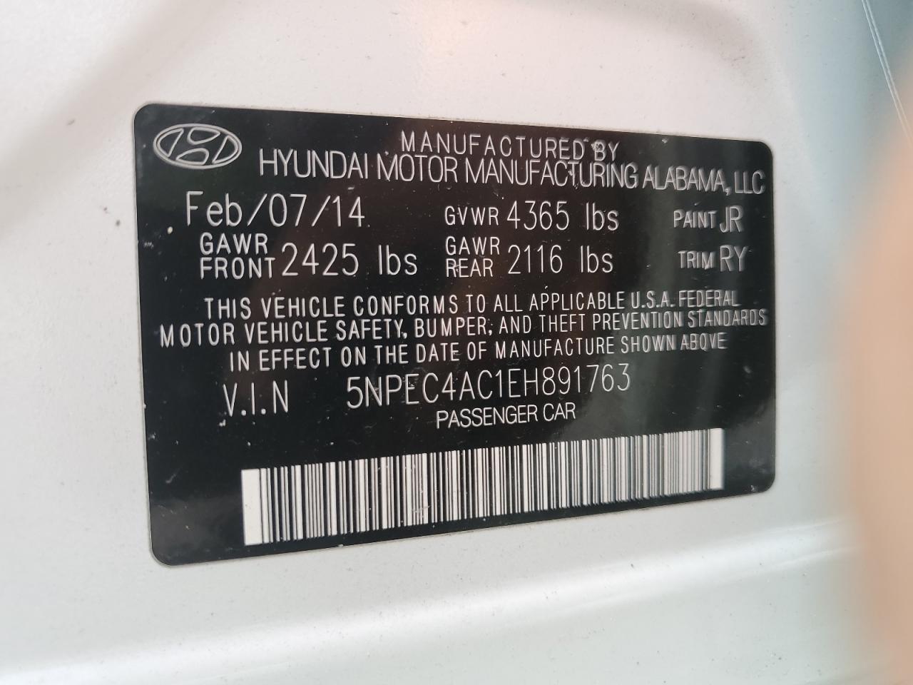 5NPEC4AC1EH891763 2014 Hyundai Sonata Se