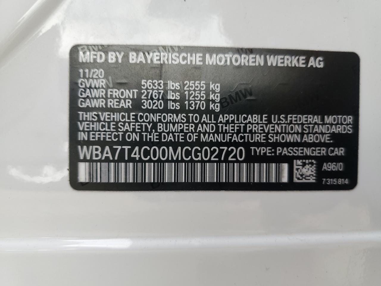 2021 BMW 740 Xi VIN: WBA7T4C00MCG02720 Lot: 72033844