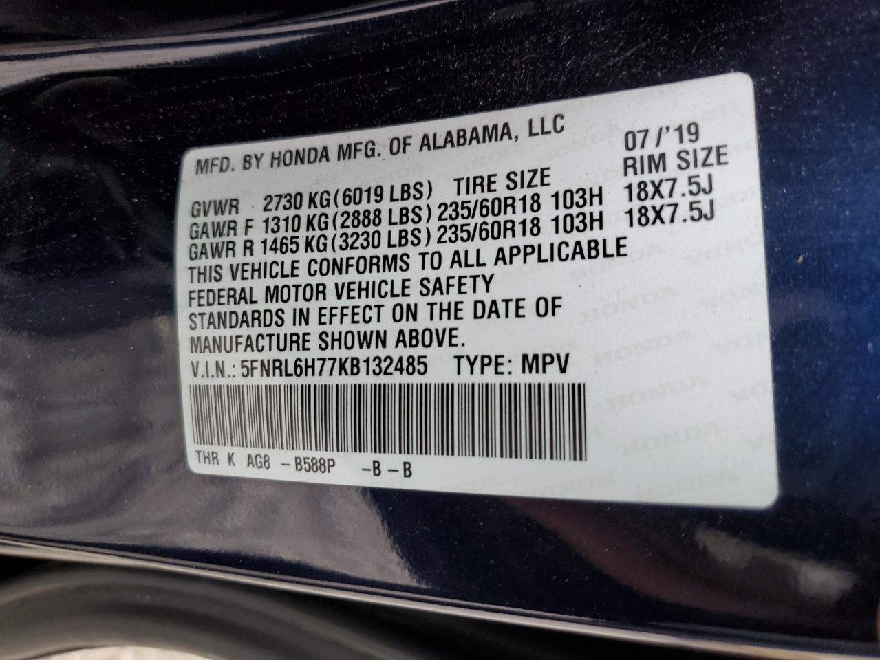 5FNRL6H77KB132485 2019 Honda Odyssey Exl