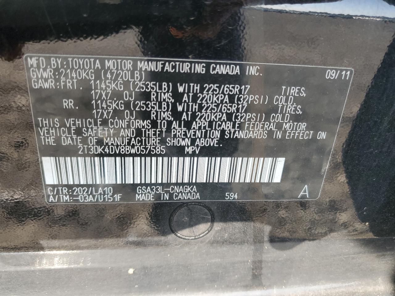 2T3DK4DV8BW057585 2011 Toyota Rav4 Limited