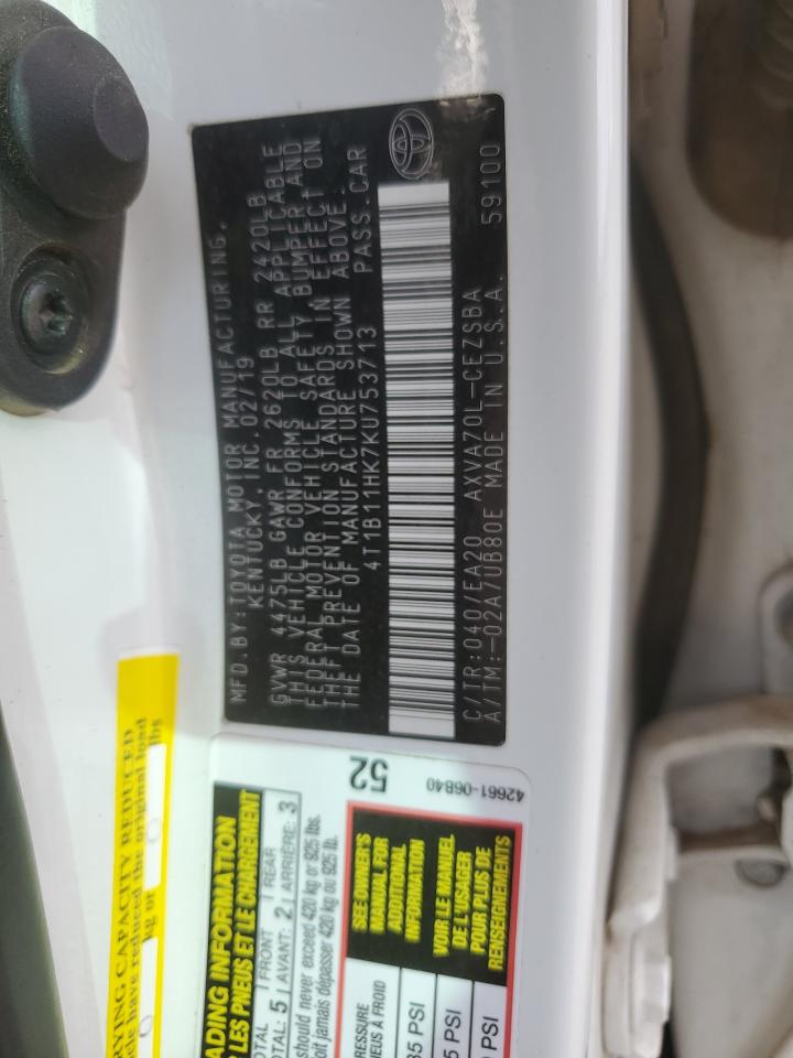 4T1B11HK7KU753713 2019 Toyota Camry L