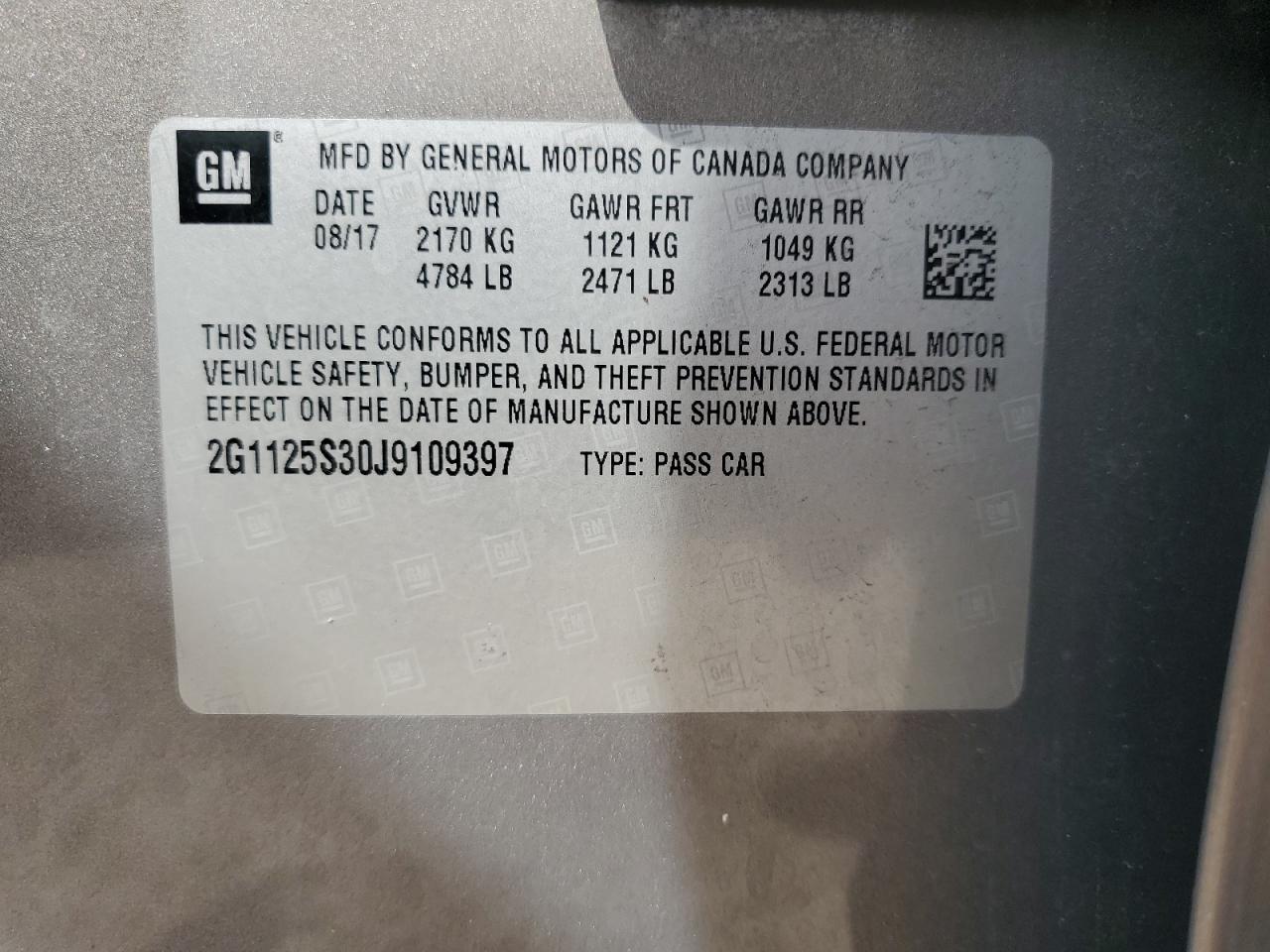 2G1125S30J9109397 2018 Chevrolet Impala Premier