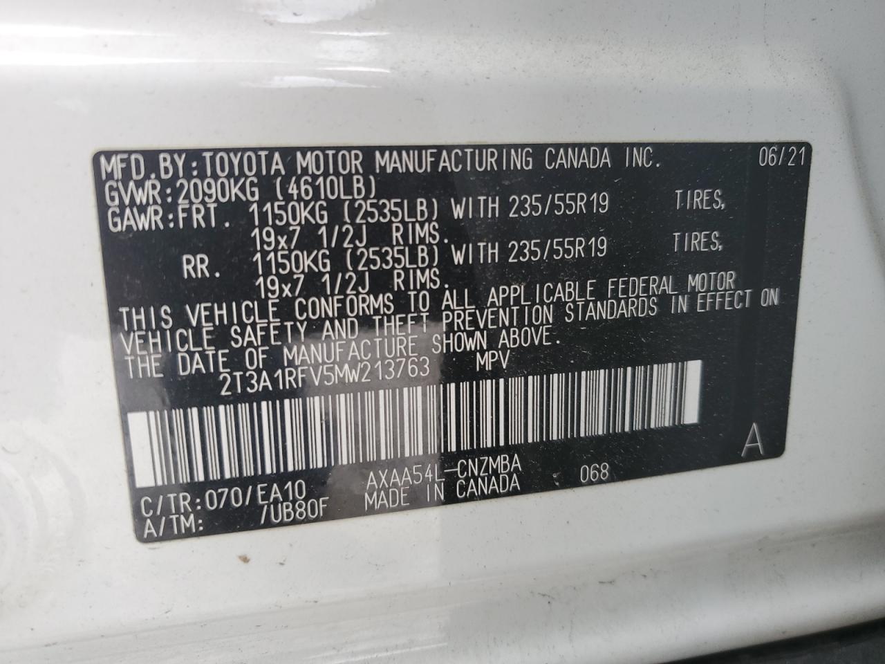 2T3A1RFV5MW213763 2021 Toyota Rav4 Xle Premium