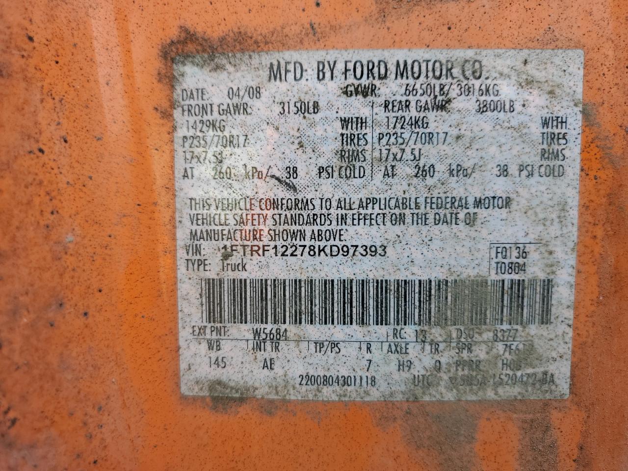 2008 Ford F150 VIN: 1FTRF12278KD97393 Lot: 73846714