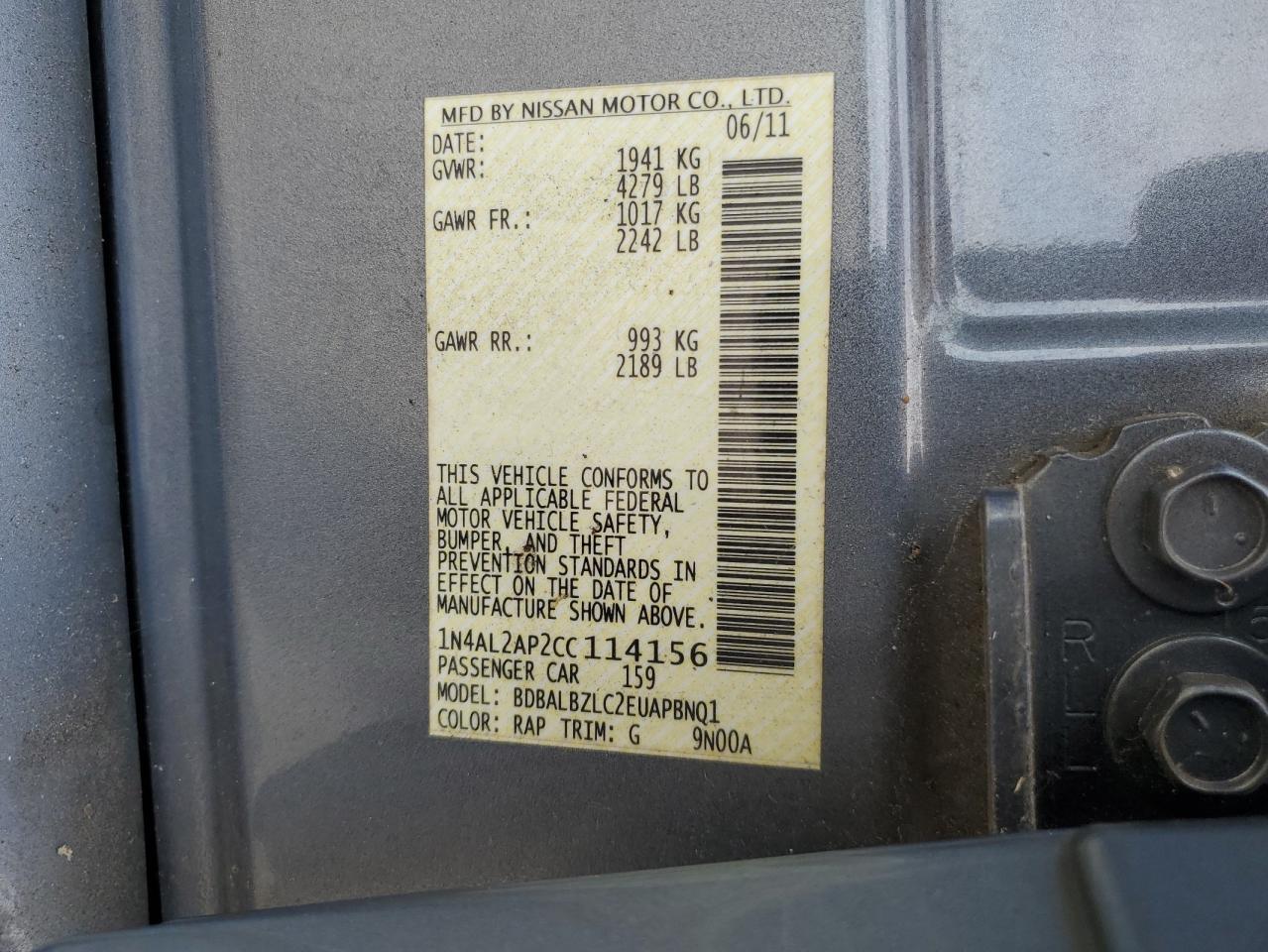 1N4AL2AP2CC114156 2012 Nissan Altima Base