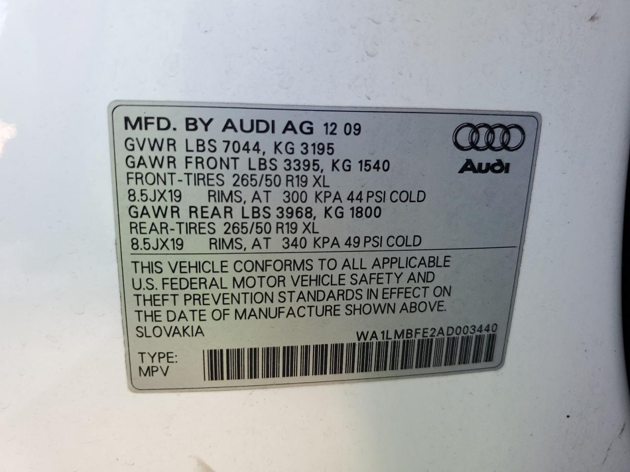 2010 Audi Q7 Premium Plus VIN: WA1LMBFE2AD003440 Lot: 73019484