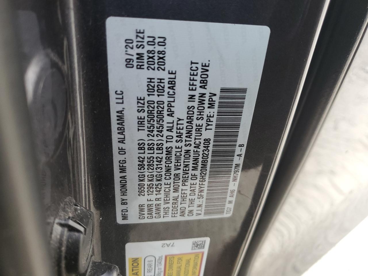 2021 Honda Pilot Se VIN: 5FNYF6H20MB023408 Lot: 71708804