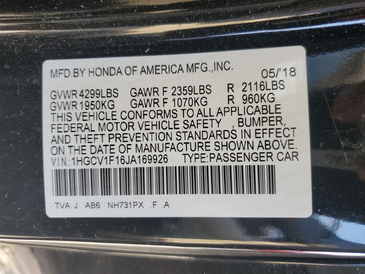 1HGCV1F16JA169926 2018 Honda Accord Lx