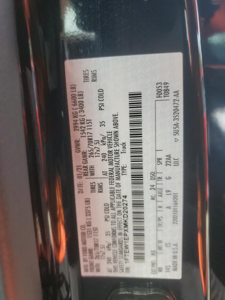 2021 Ford F150 Supercrew VIN: 1FTEW1EPXMKD20274 Lot: 72882194