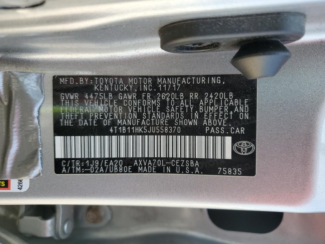 4T1B11HK5JU558370 2018 Toyota Camry L