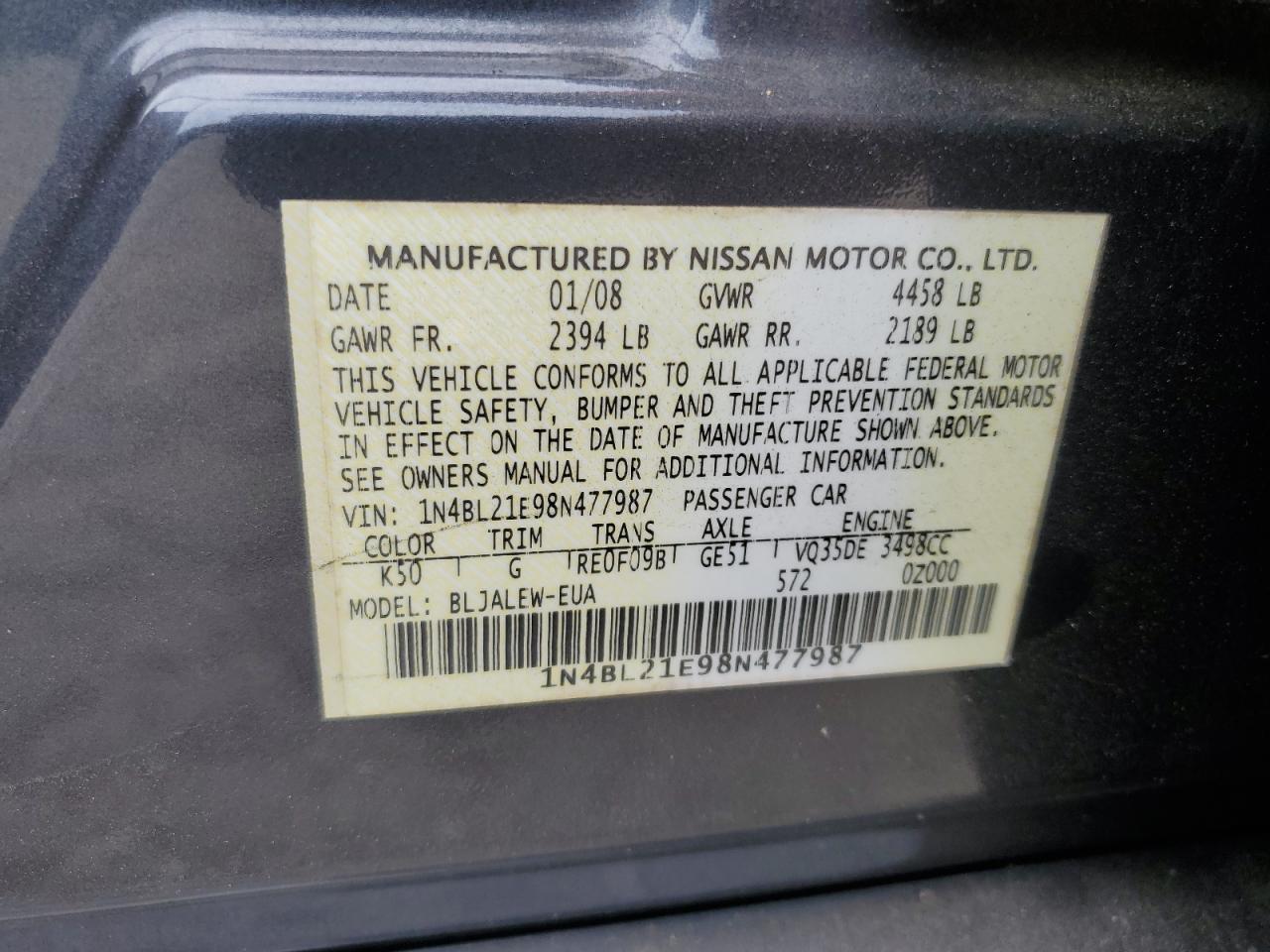 1N4BL21E98N477987 2008 Nissan Altima 3.5Se