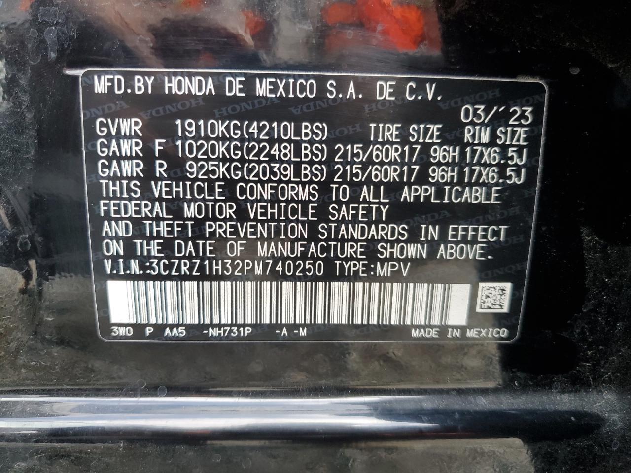 3CZRZ1H32PM740250 2023 Honda Hr-V Lx