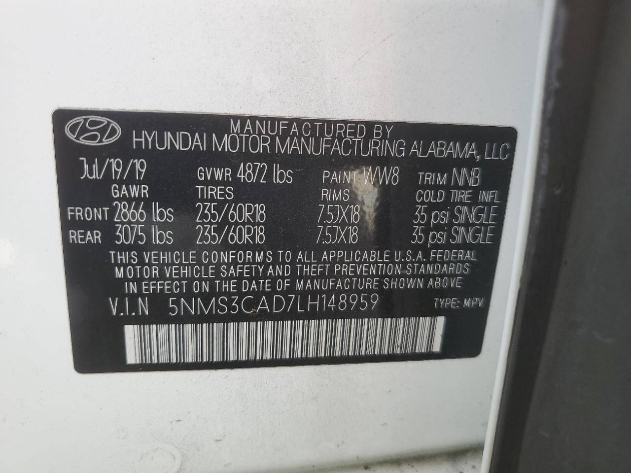 5NMS3CAD7LH148959 2020 Hyundai Santa Fe Sel