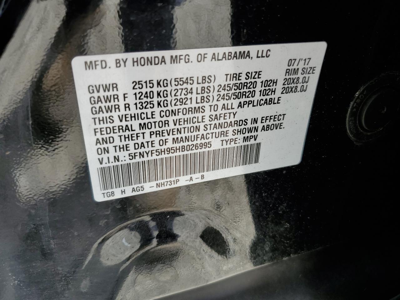 5FNYF5H95HB026995 2017 Honda Pilot Touring