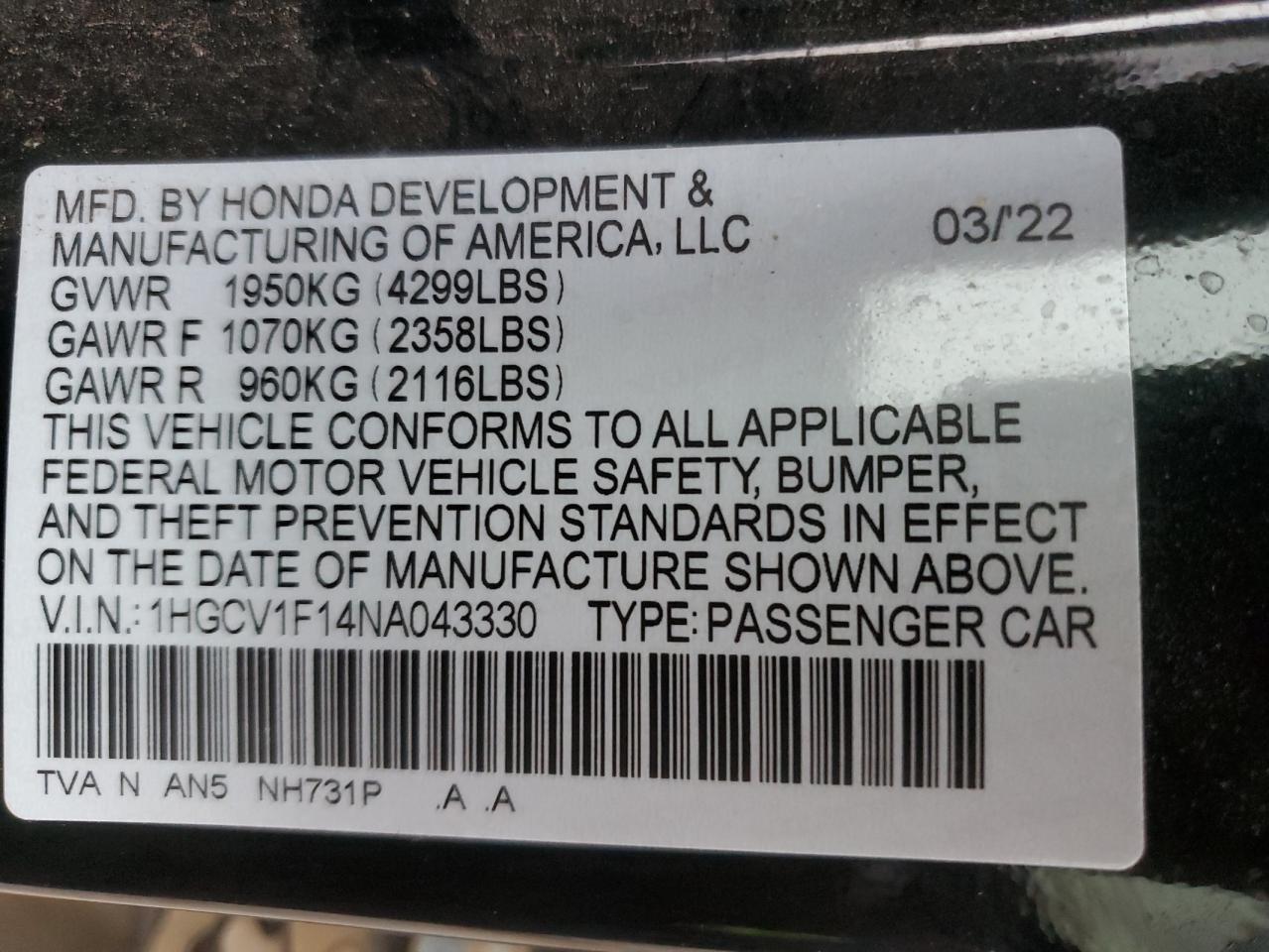 1HGCV1F14NA043330 2022 Honda Accord Lx