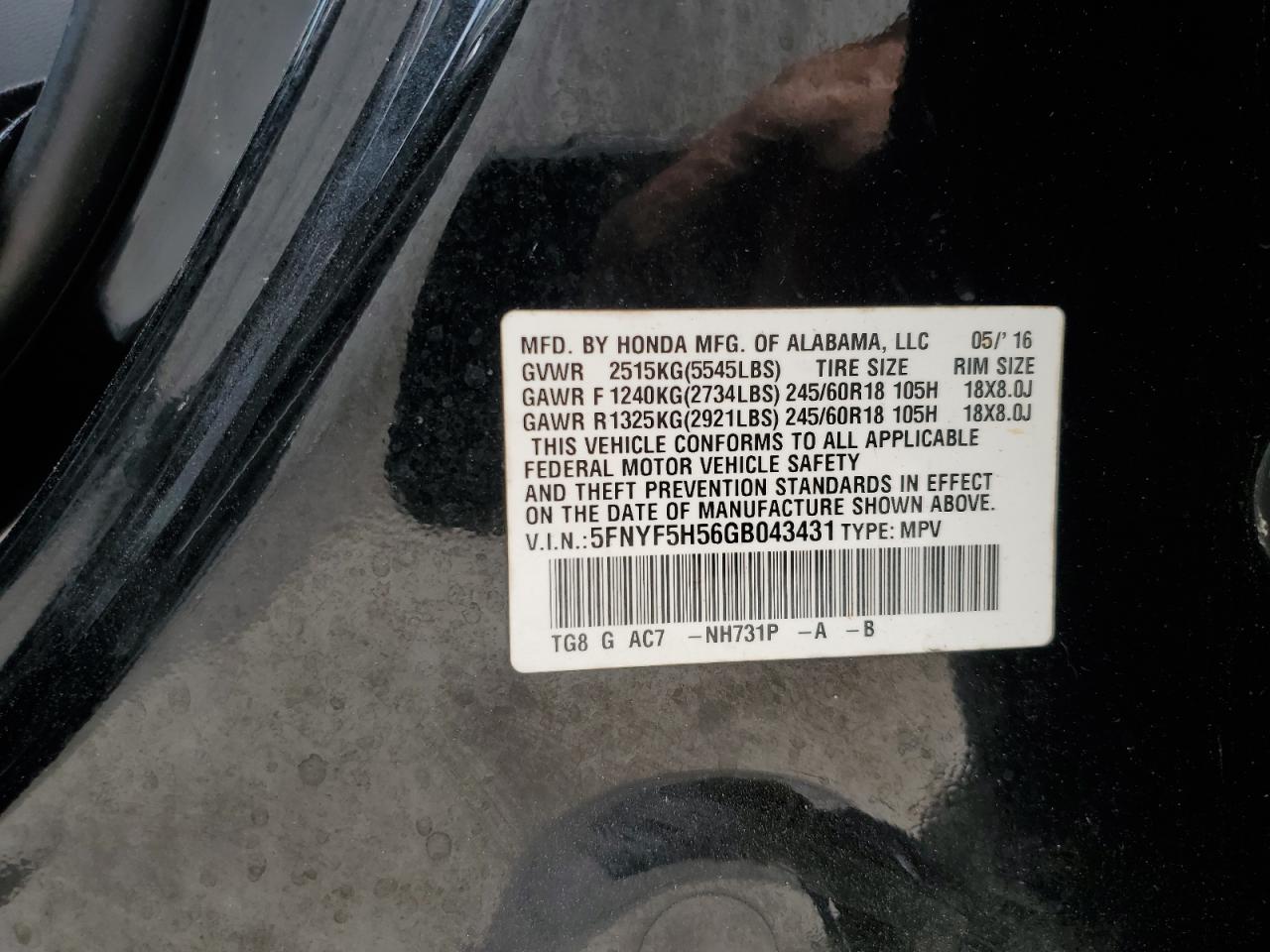 5FNYF5H56GB043431 2016 Honda Pilot Exl