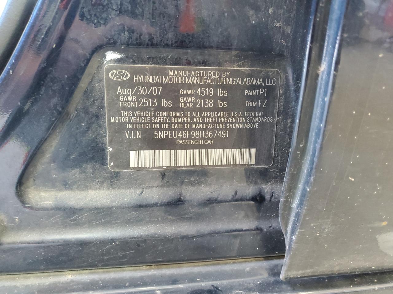 5NPEU46F98H367491 2008 Hyundai Sonata Se