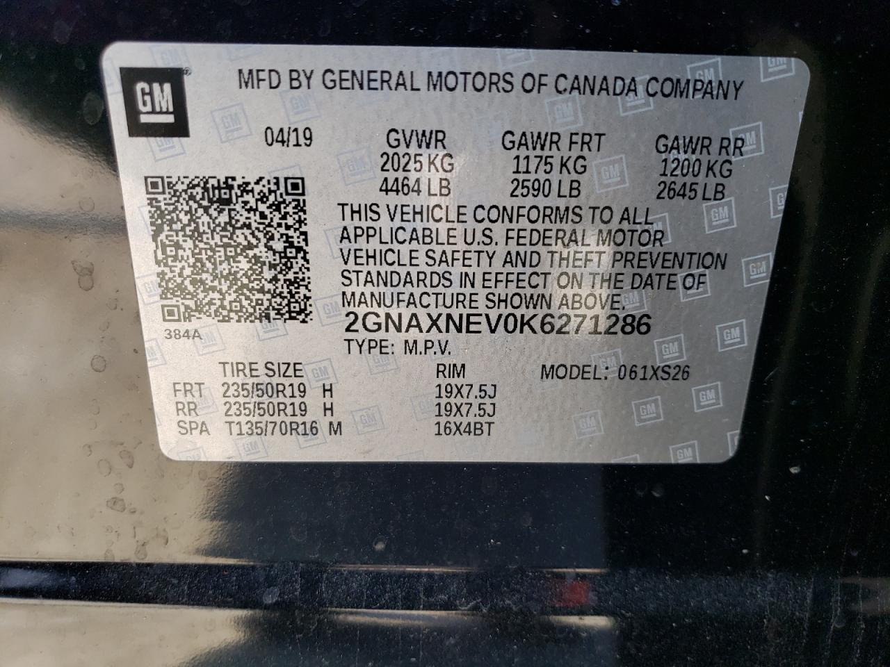 2GNAXNEV0K6271286 2019 Chevrolet Equinox Premier