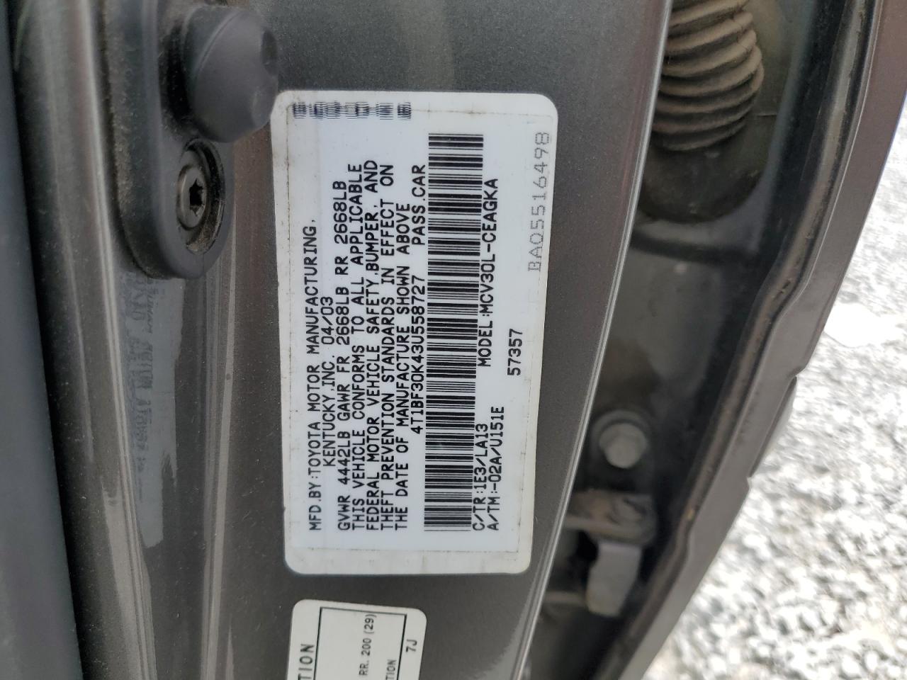 4T1BF30K43U558727 2003 Toyota Camry Le