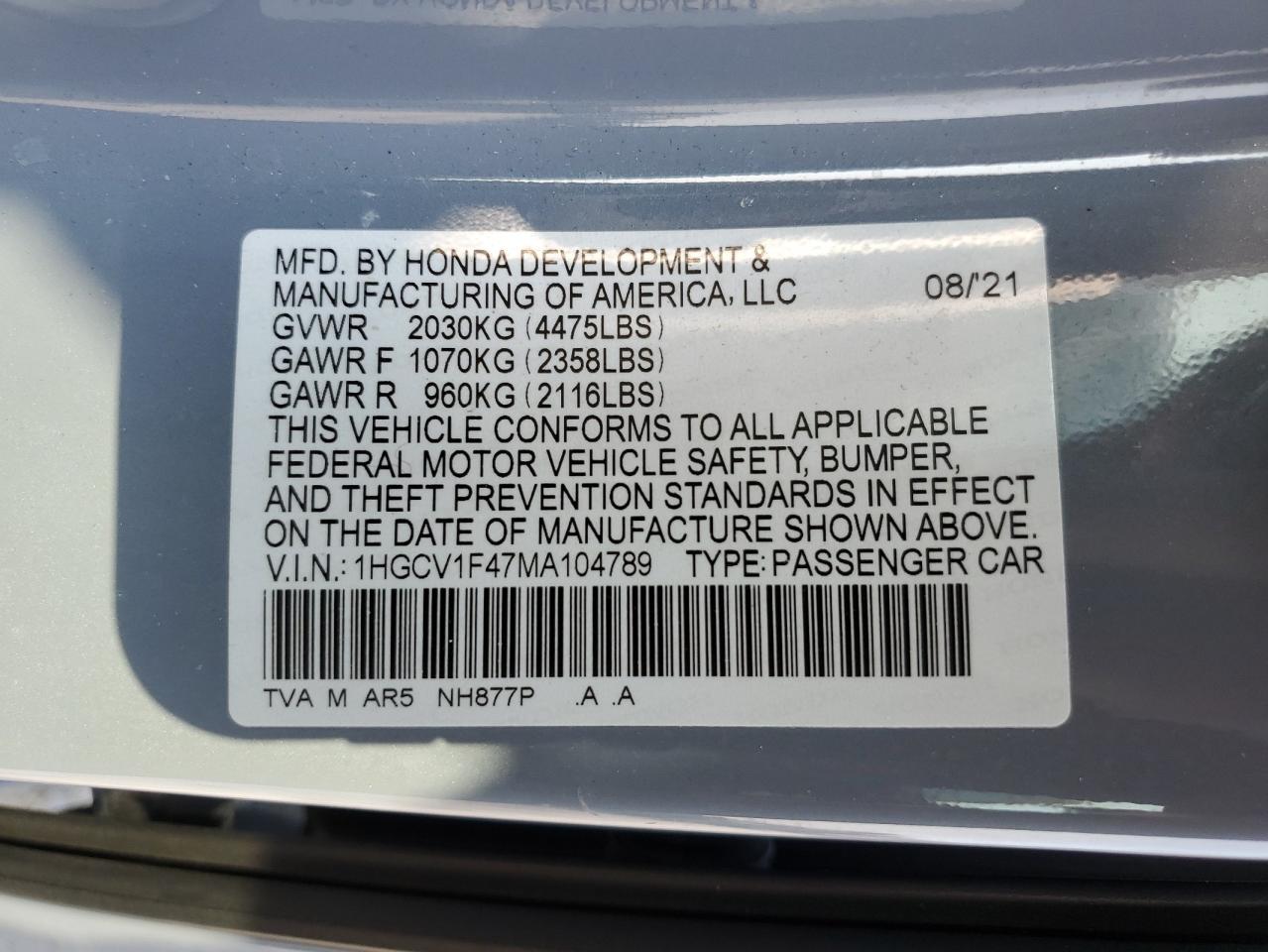 1HGCV1F47MA104789 2021 Honda Accord Sport Se