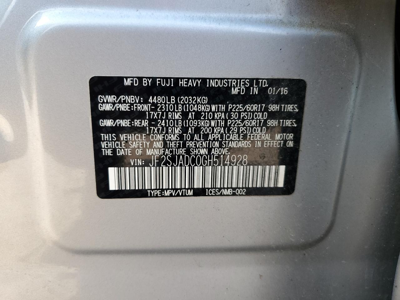 JF2SJADC0GH514928 2016 Subaru Forester 2.5I Premium