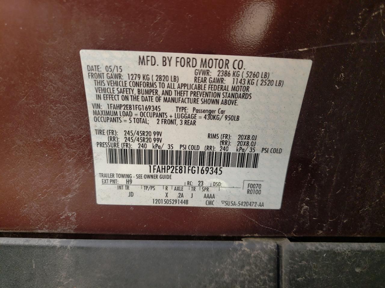 2015 Ford Taurus Sel VIN: 1FAHP2E81FG169345 Lot: 70303784