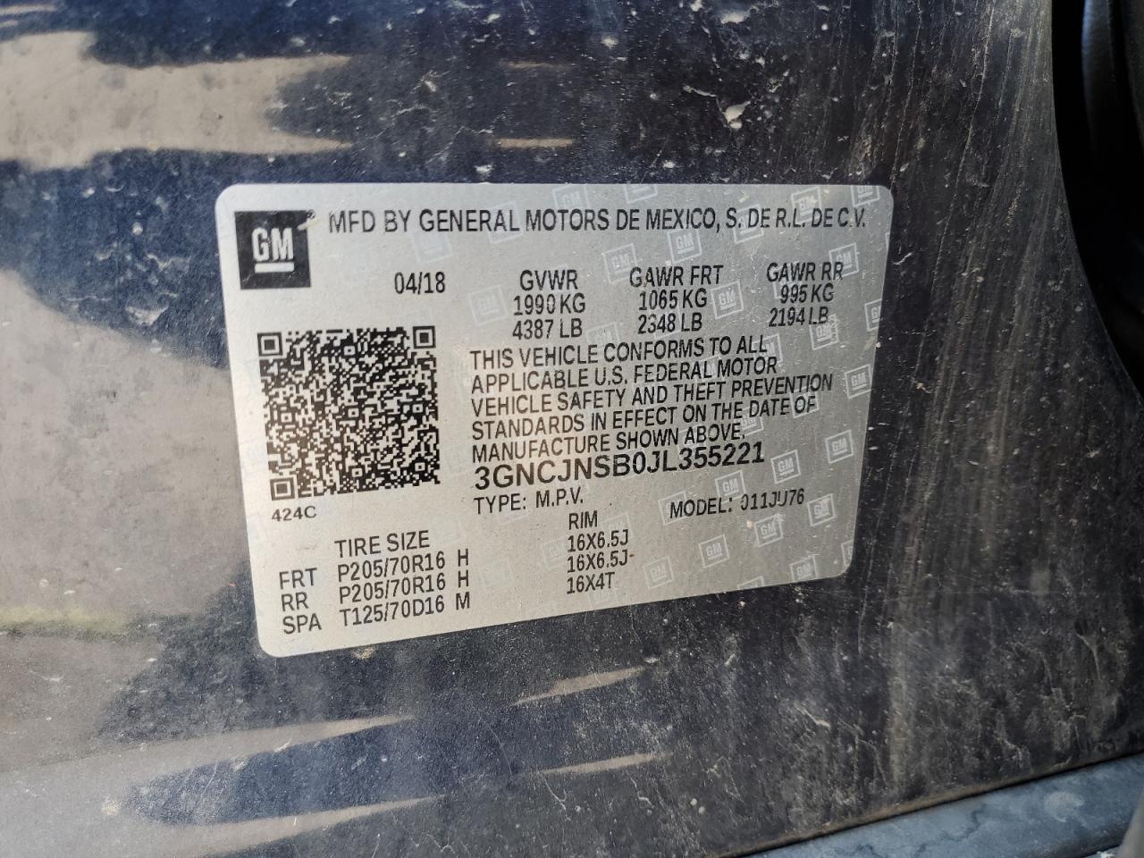 3GNCJNSB0JL355221 2018 CHEVROLET TRAX - Image 13