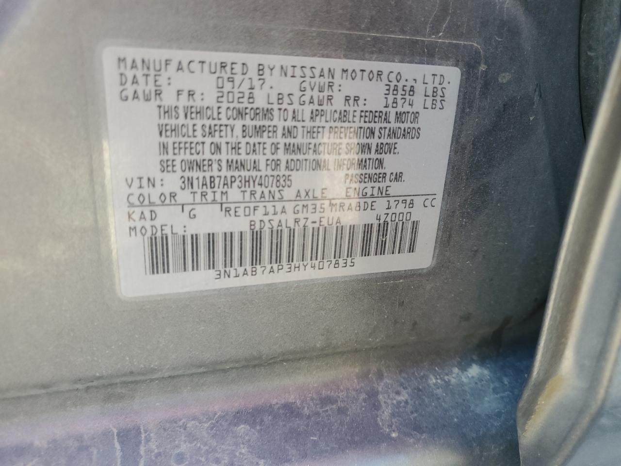 3N1AB7AP3HY407835 2017 Nissan Sentra S