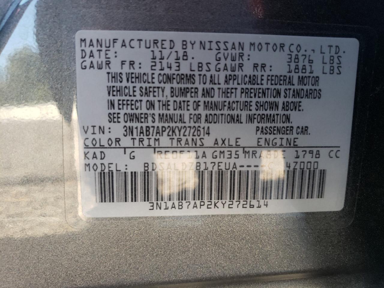 3N1AB7AP2KY272614 2019 Nissan Sentra S