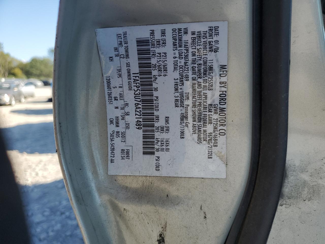 2006 Ford Taurus Se VIN: 1FAFP53U76A221489 Lot: 72615374