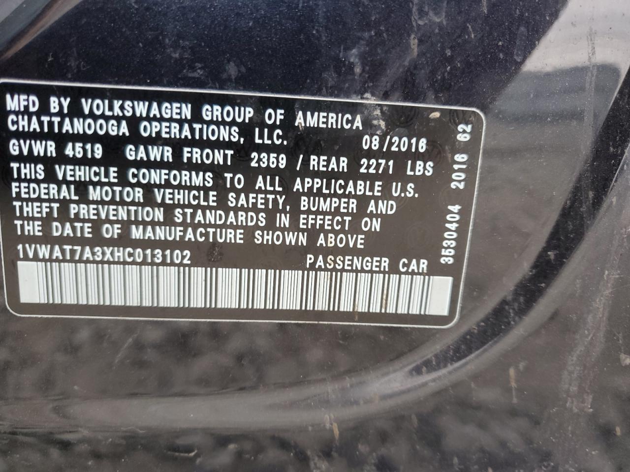 1VWAT7A3XHC013102 2017 Volkswagen Passat S