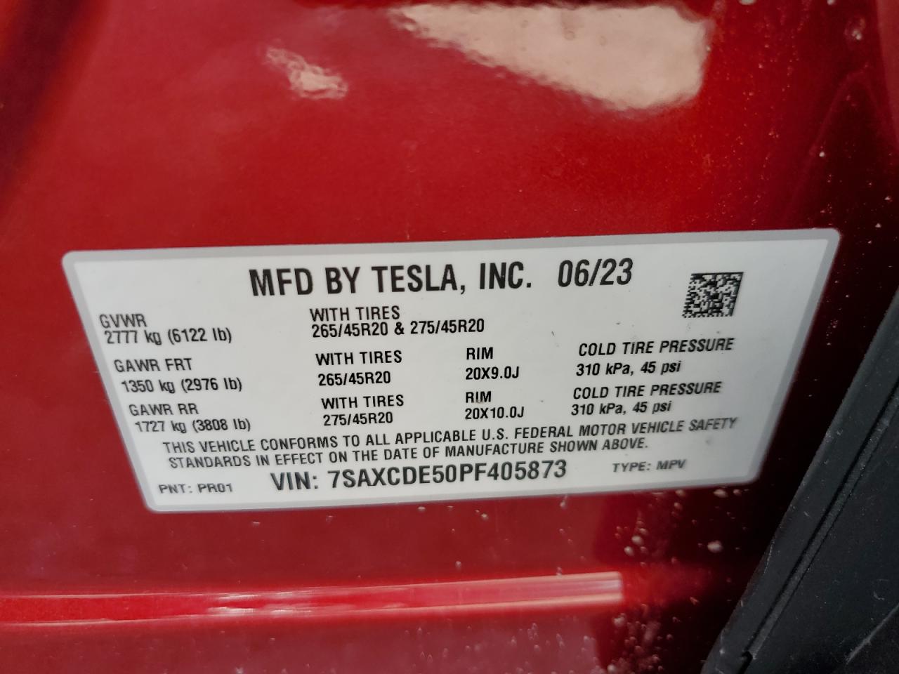 2023 Tesla Model X VIN: 7SAXCDE50PF405873 Lot: 71775844