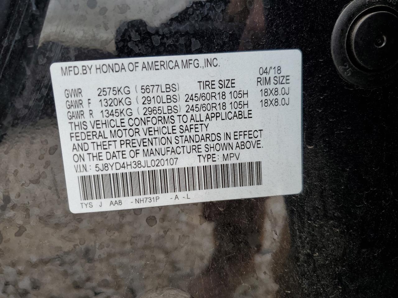 5J8YD4H38JL020107 2018 Acura Mdx