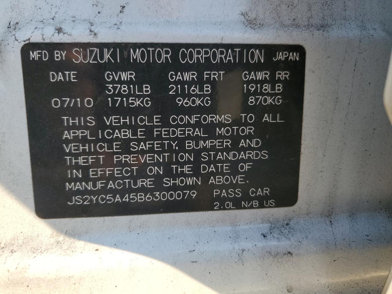 JS2YC5A45B6300079 2011 Suzuki Sx4 Sport