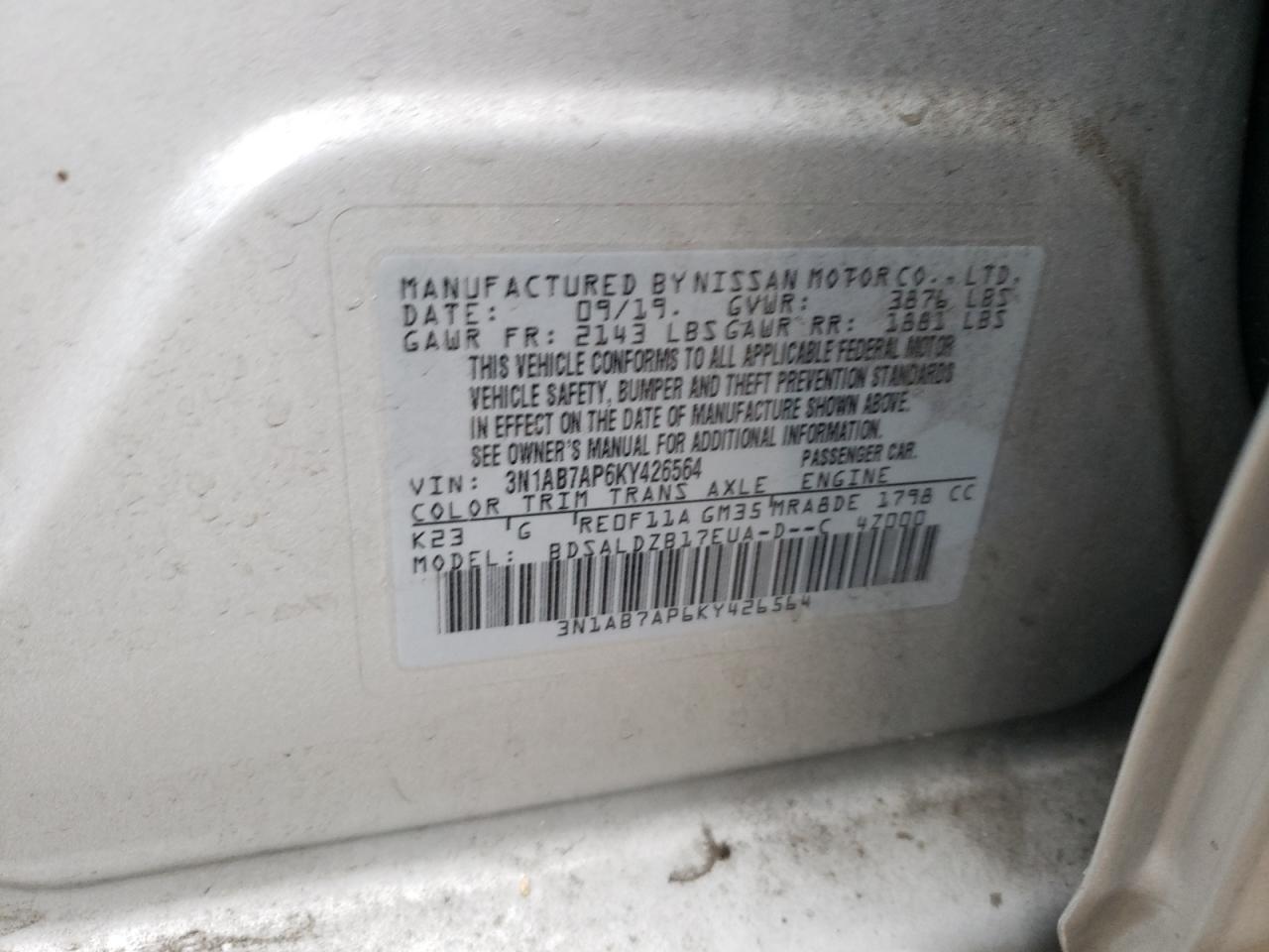 3N1AB7AP6KY426564 2019 Nissan Sentra S