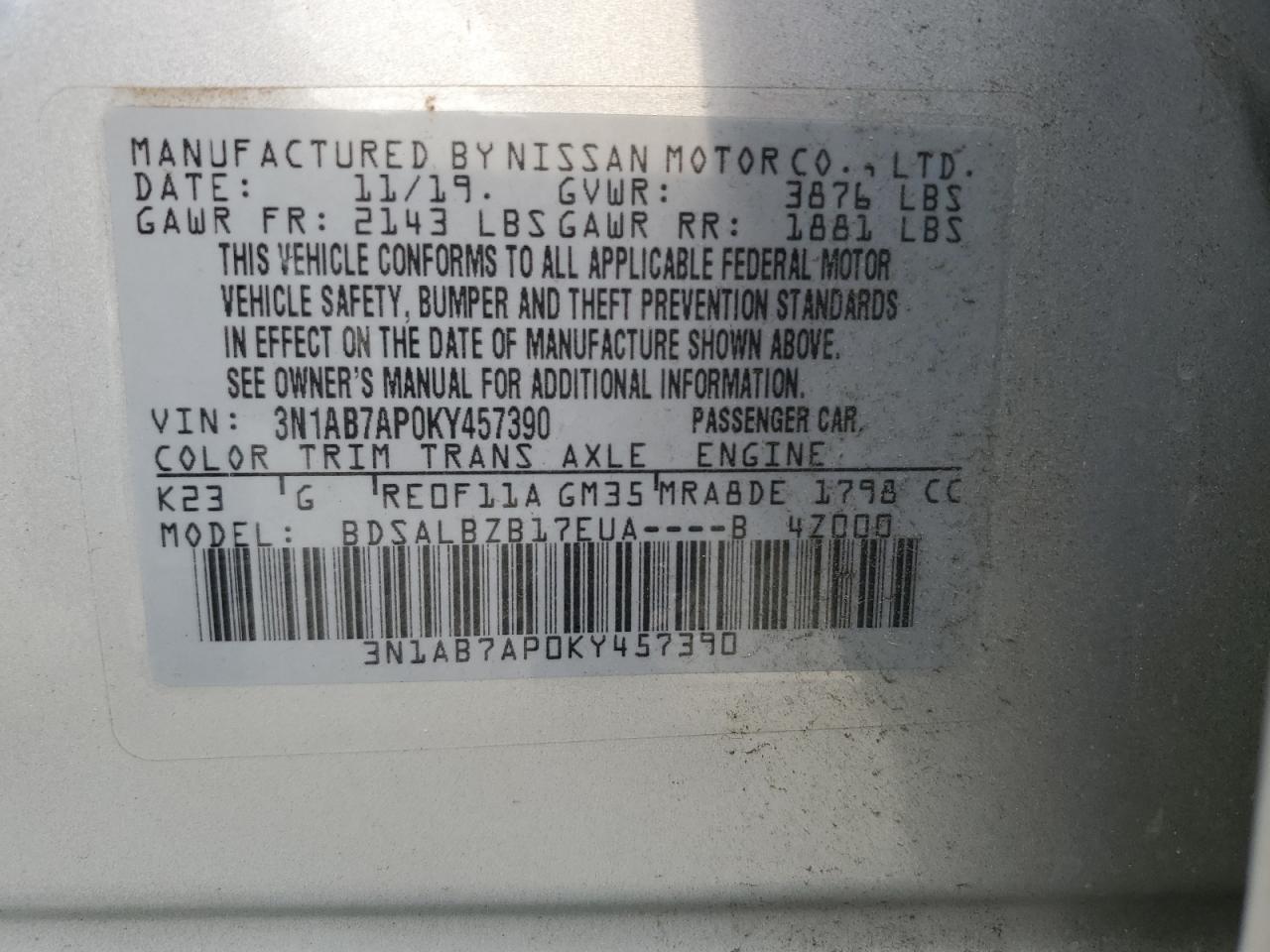 3N1AB7AP0KY457390 2019 Nissan Sentra S