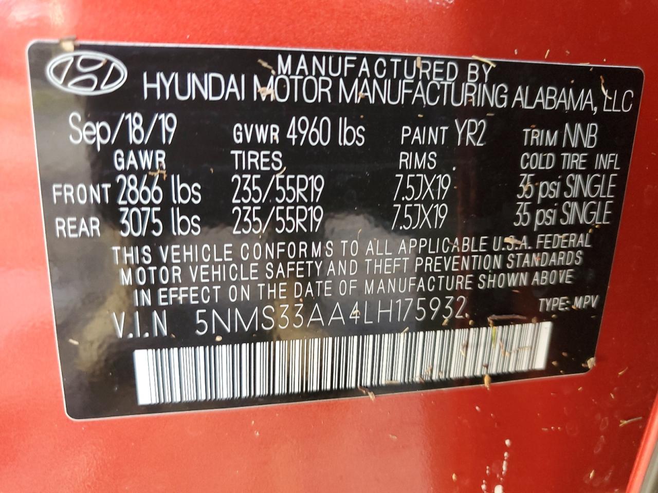 5NMS33AA4LH175932 2020 Hyundai Santa Fe Sel