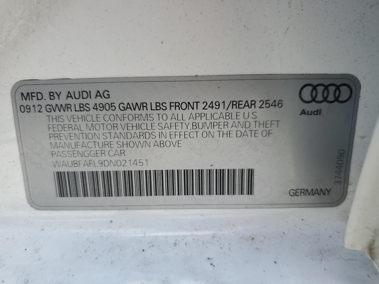 2013 Audi A4 Premium VIN: WAUBFAFL9DN021451 Lot: 71353494