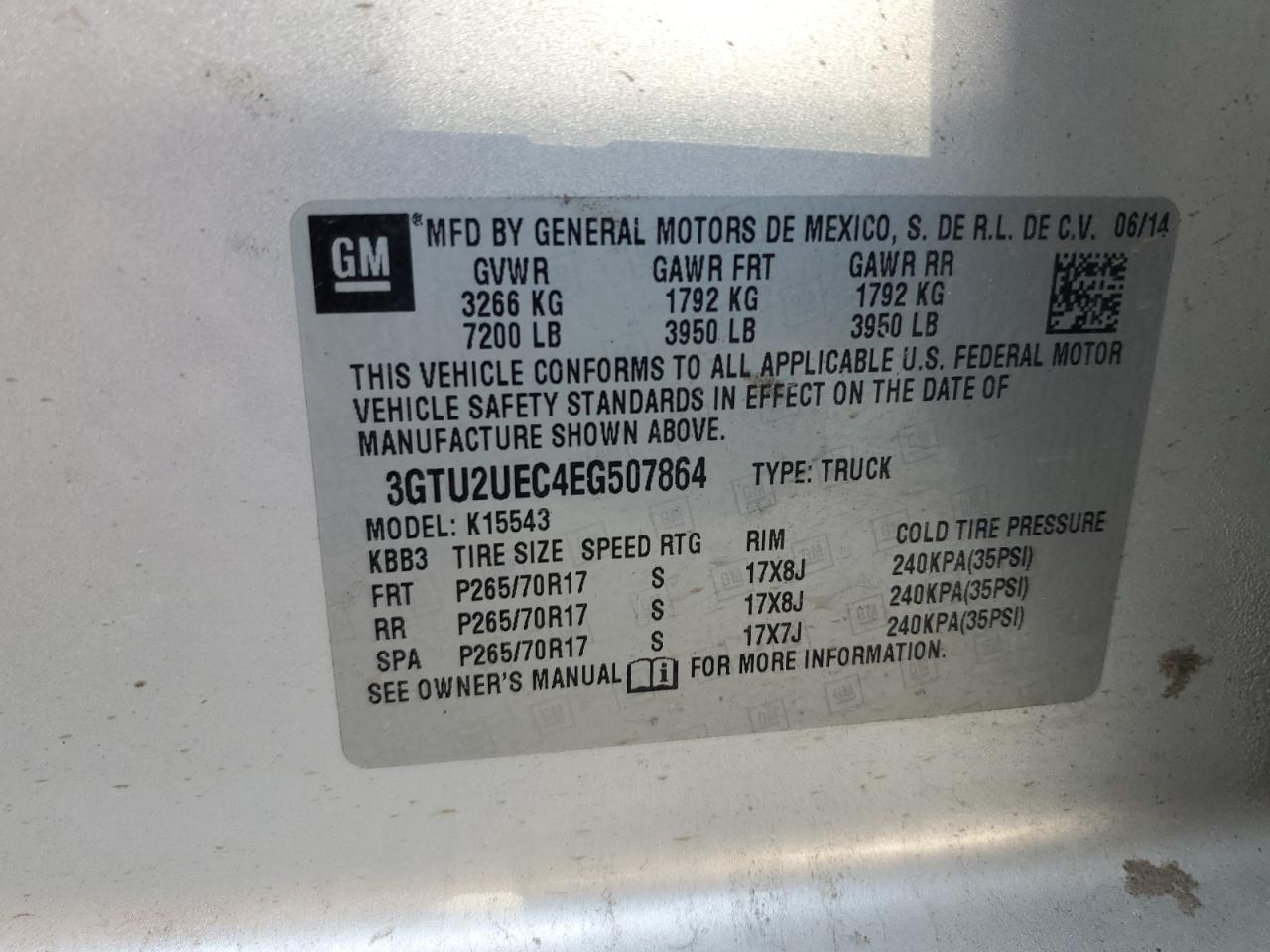 3GTU2UEC4EG507864 2014 GMC Sierra K1500 Sle