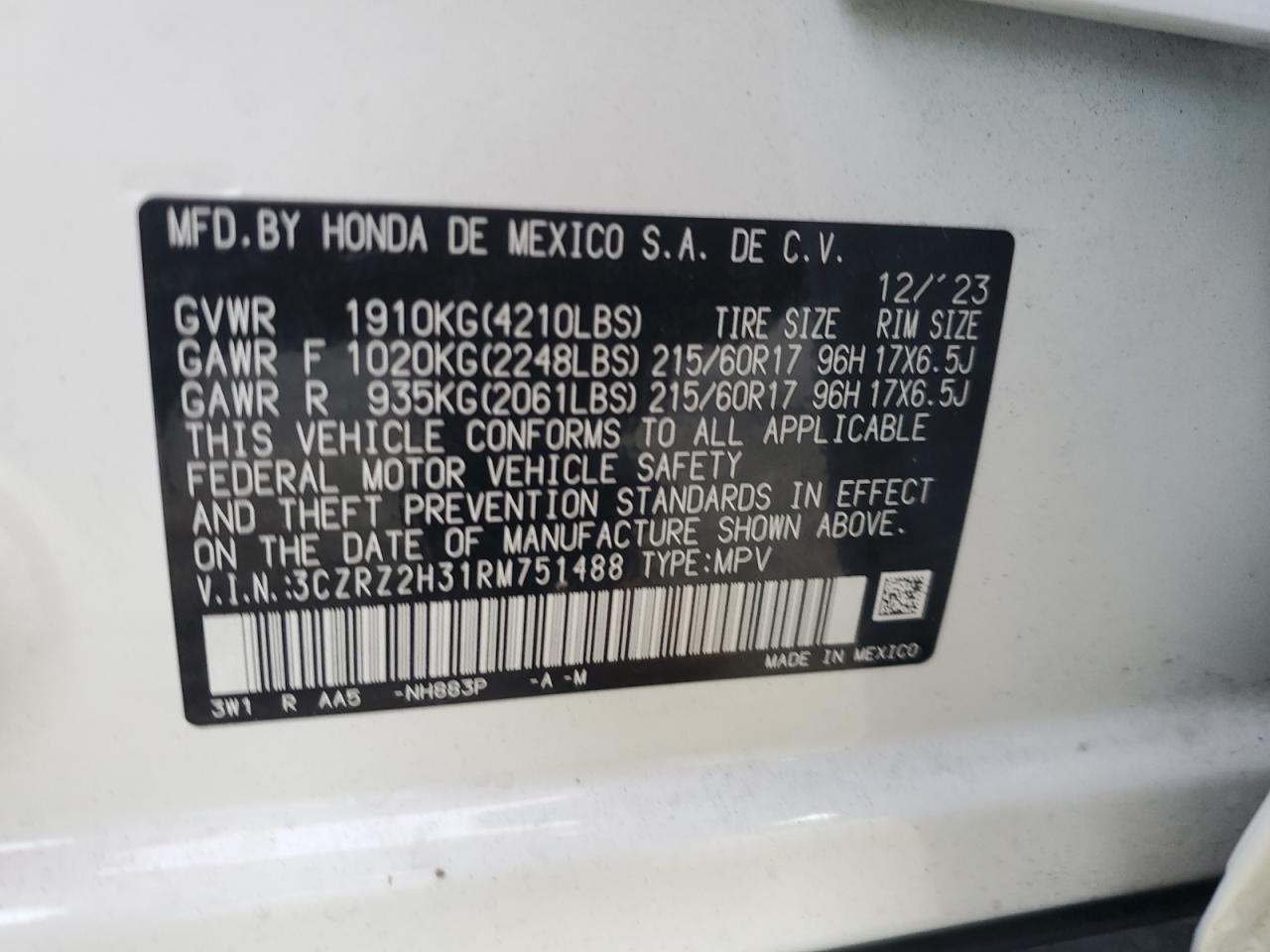 3CZRZ2H31RM751488 2024 Honda Hr-V Lx