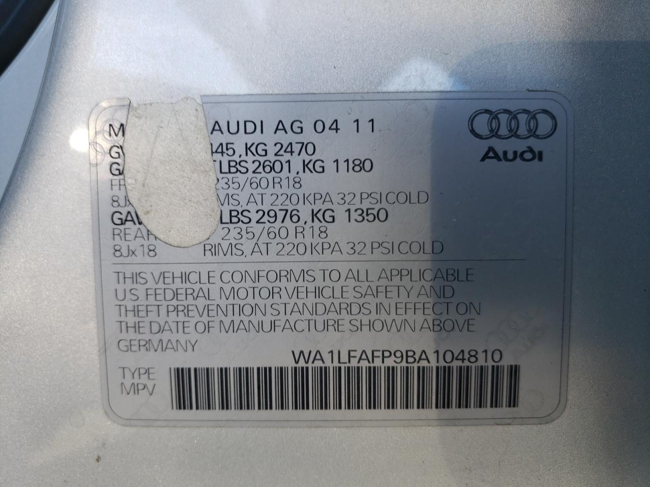 2011 Audi Q5 Premium Plus VIN: WA1LFAFP9BA104810 Lot: 68901484