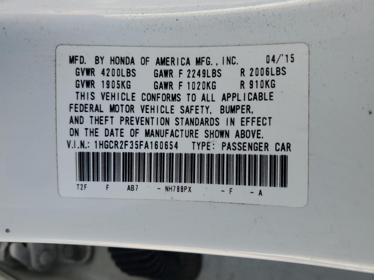 1HGCR2F35FA160654 2015 Honda Accord Lx