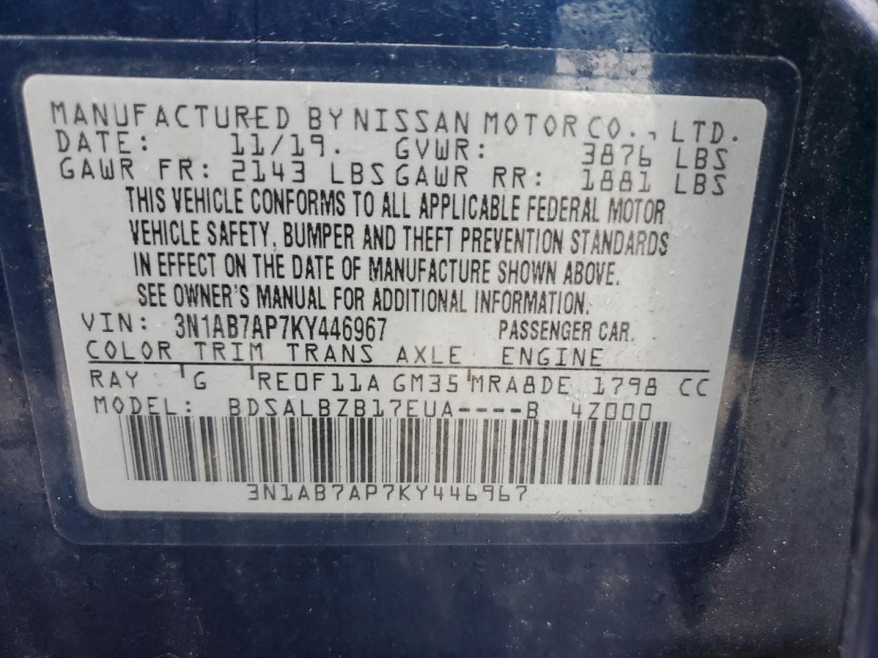 3N1AB7AP7KY446967 2019 Nissan Sentra S