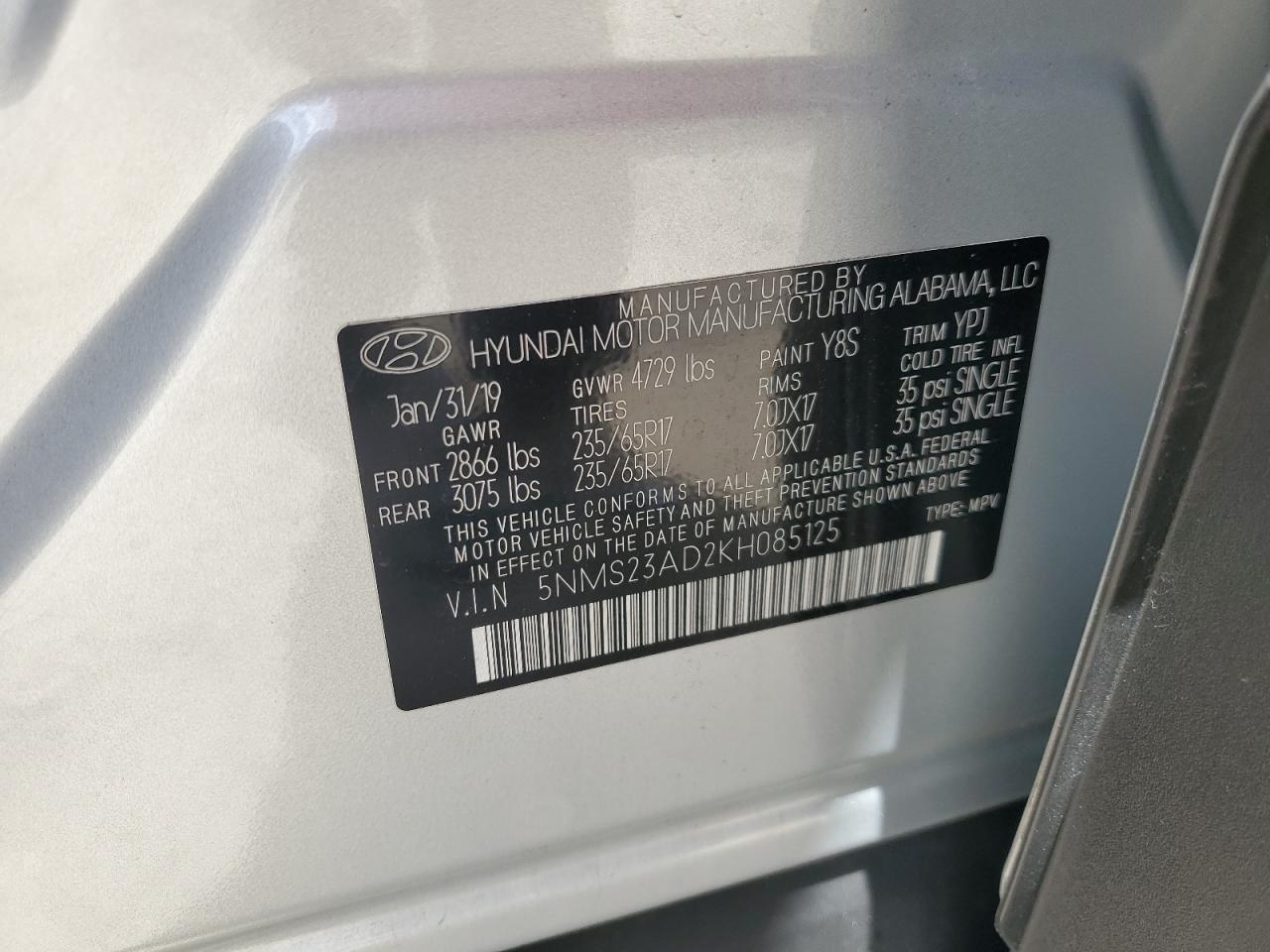 5NMS23AD2KH085125 2019 Hyundai Santa Fe Se