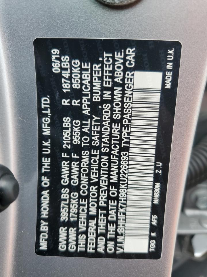 2019 Honda Civic Sport Touring VIN: SHHFK7H98KU226693 Lot: 71465274