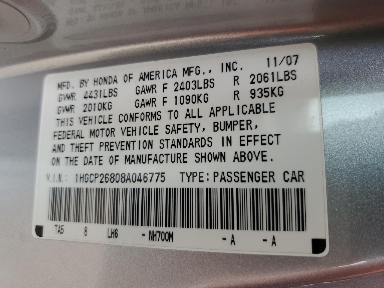 1HGCP26808A046775 2008 Honda Accord Exl