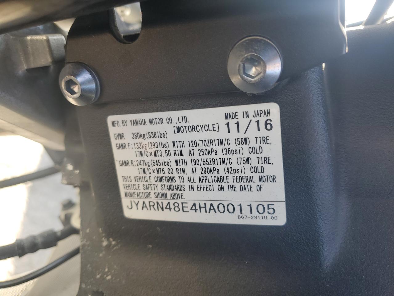 JYARN48E4HA001105 2017 Yamaha Fz10