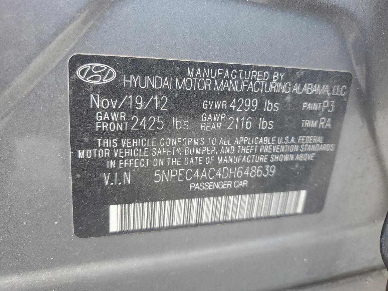 5NPEC4AC4DH648639 2013 Hyundai Sonata Se