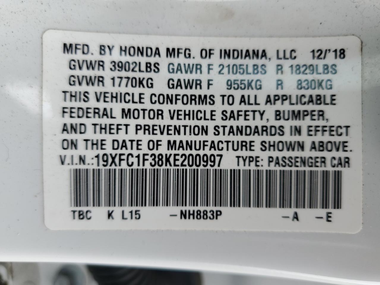 2019 Honda Civic Ex VIN: 19XFC1F38KE200997 Lot: 71795524